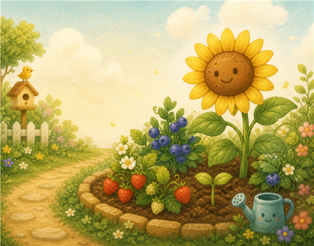 Bloom's friendly sunflower, garden bed, and watering can