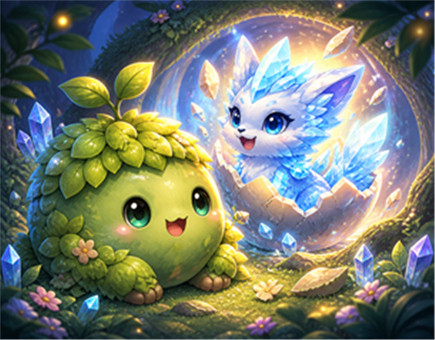Mythic Menagerie creatures exploring a glowing crystal garden