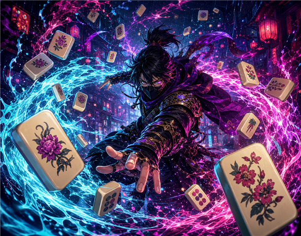 Tilestorm menu artwork with a masked warrior and floating Mahjong tiles